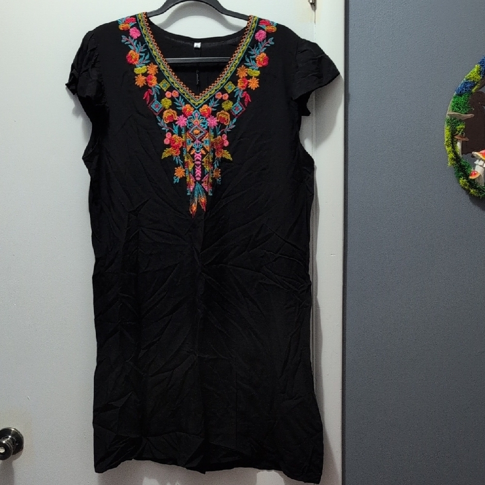 Mexican Embroidered Summer Dress Ruffled Sleeve Boho V Neck Mini Dress